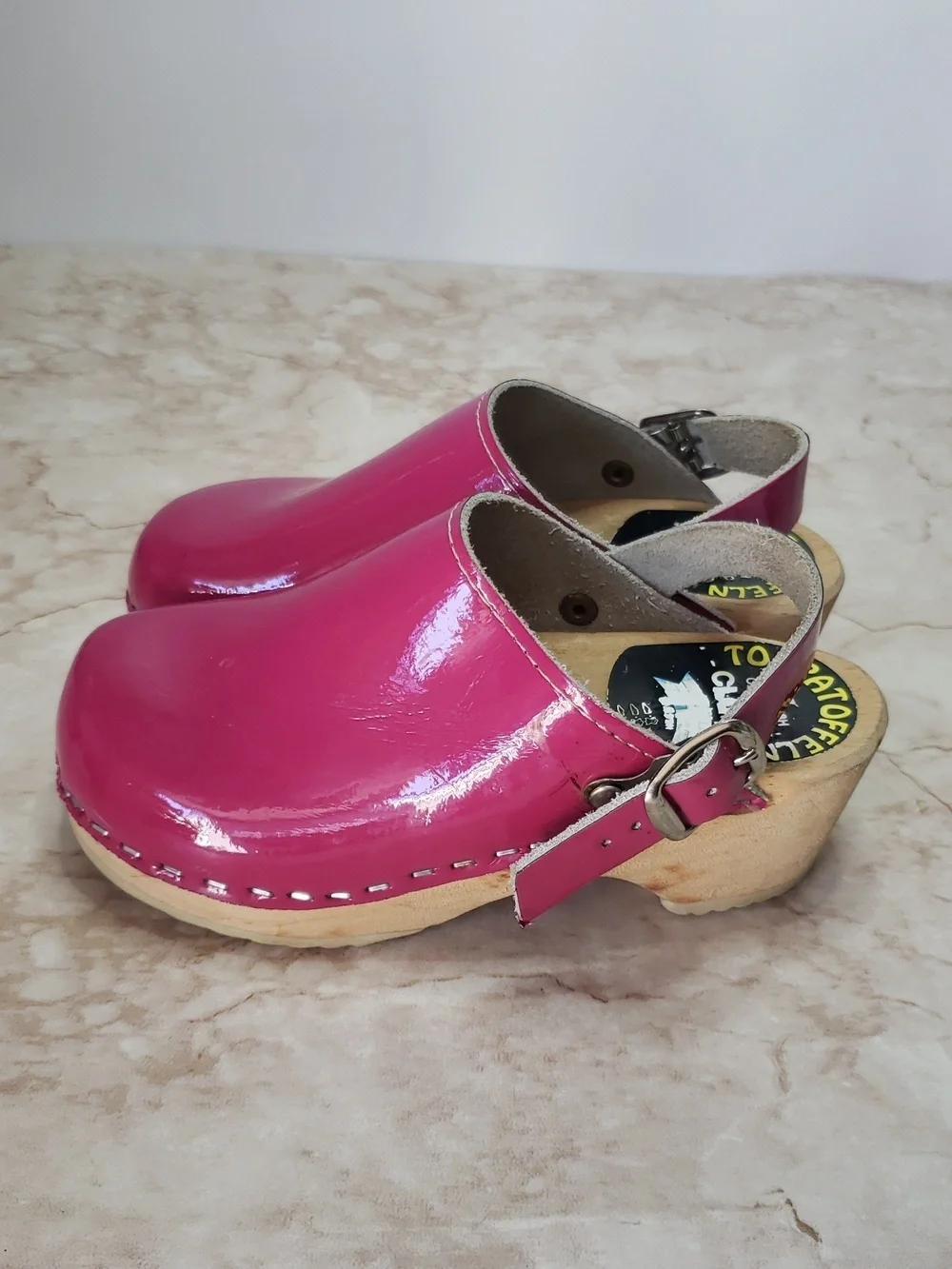 Torpatoffeln Hot Pink Patent Leather Wooden   Girls Clogs Size 28